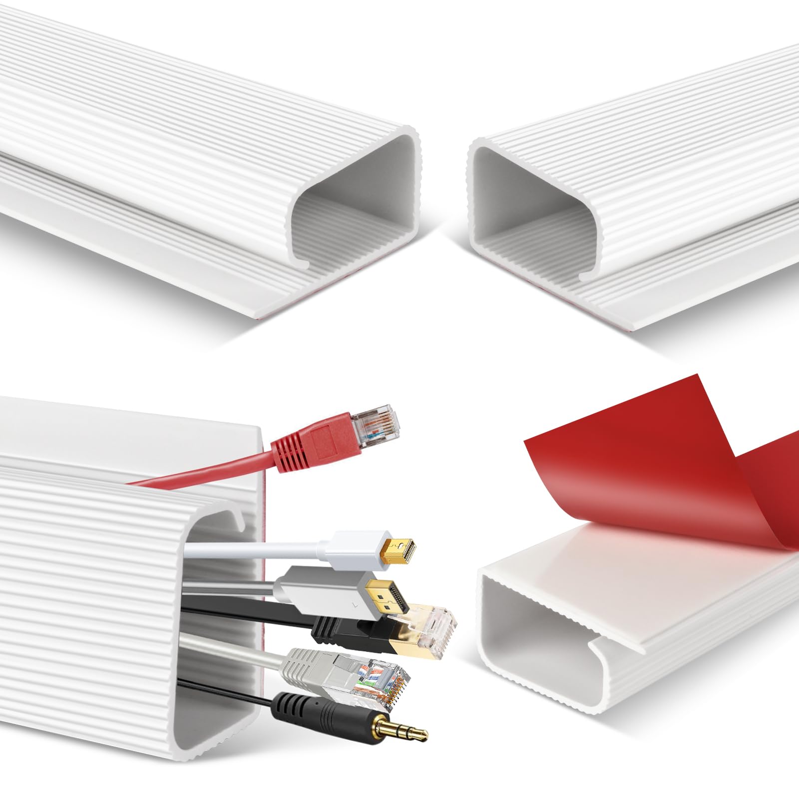 Lot de 4 chemins de câbles de bureau, chemins de câbles blancs, bande adhésive pour câbles sous le bureau, pour PC, TV, câbles