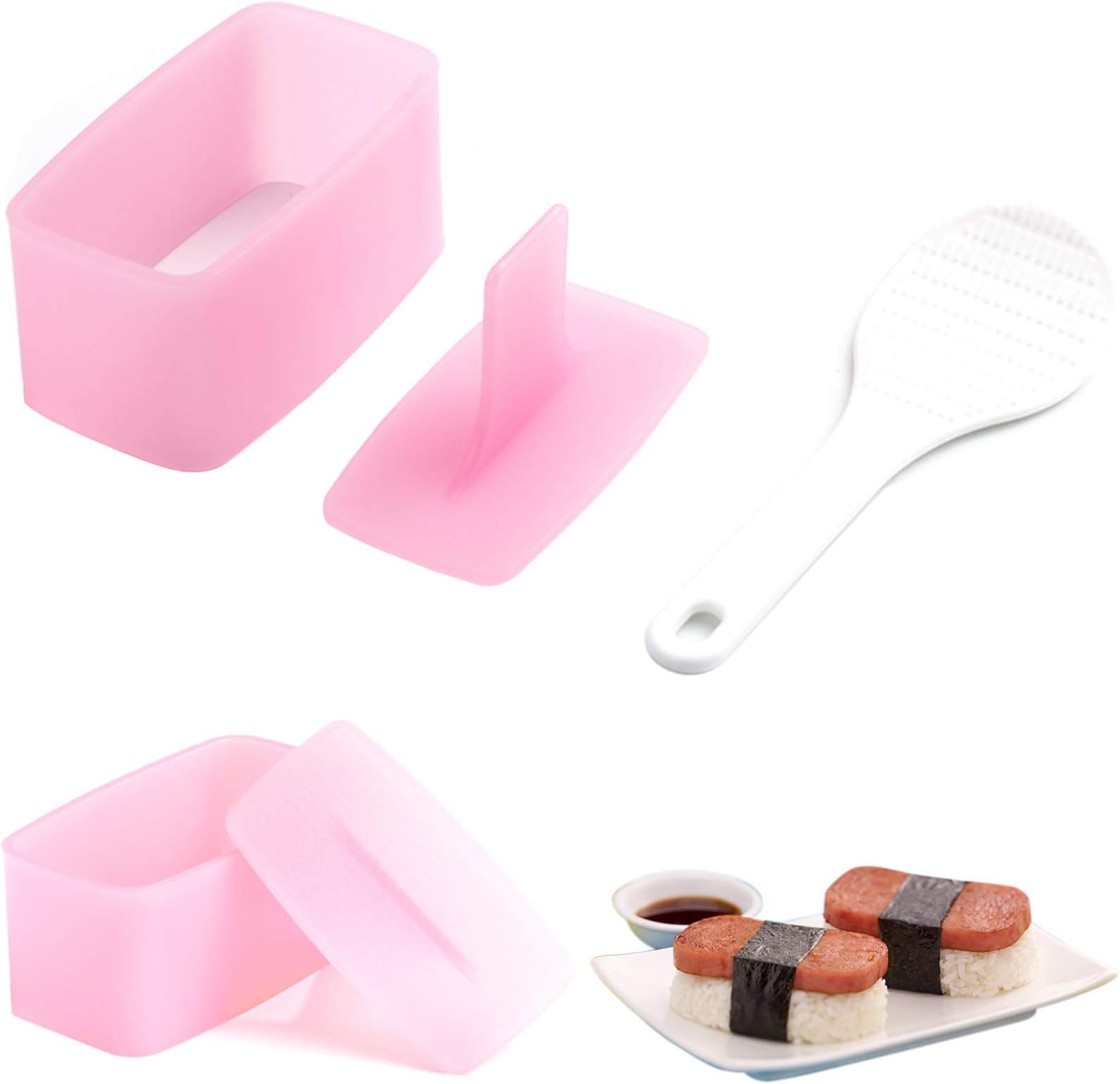 2 Pack Non Stick Musubi Maker Press with Small Rice Paddle, Sushi Making Kit Onigiri Mold Luncheon Meat Press Hawaiian Musubi Maker Mold (Pink)