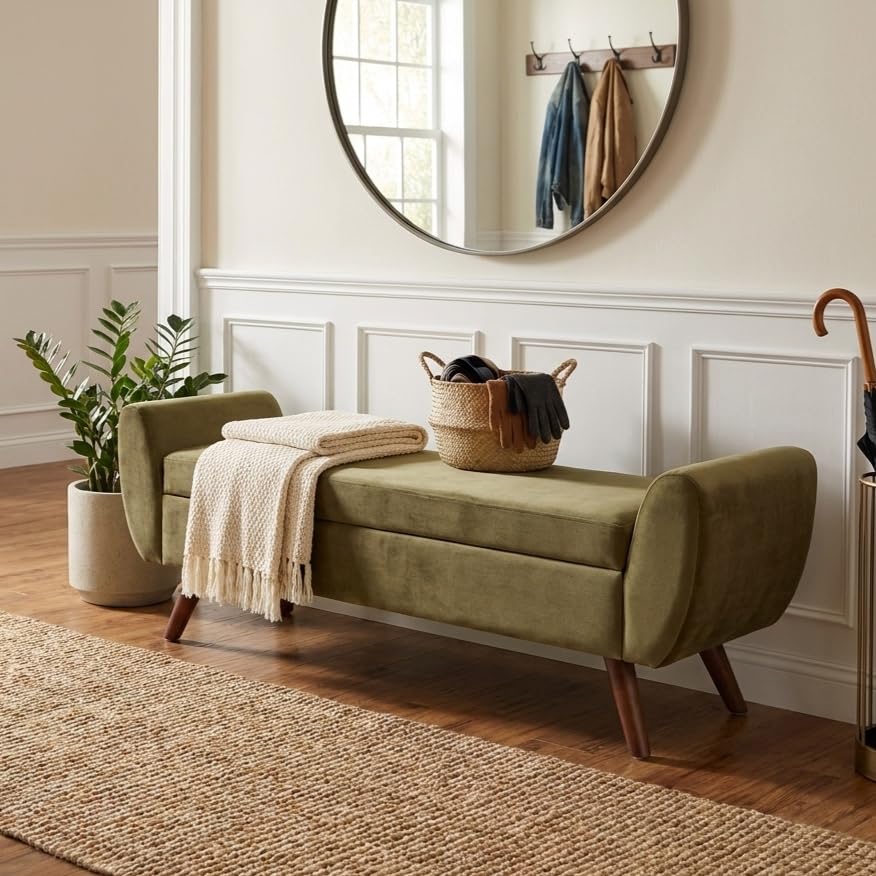 Image of HomePop 60 inch Modern Storage Bench with Wood Legs - Light Sage Green Velvet