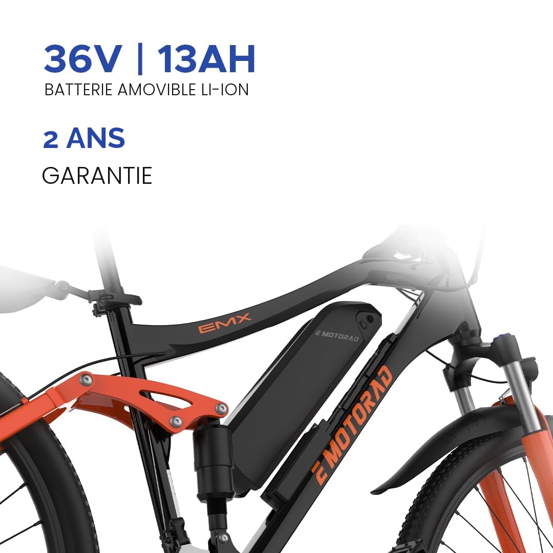 EMotorad EMX+ | Vélo électrique Tout-Terrain pour Adultes | pneus 27,5 x 2,1" | Moteur 36 V 250 W | Batterie 13 Ah Amovible | Double Suspension | Freins Hydrauliques | Écran Couleur C8