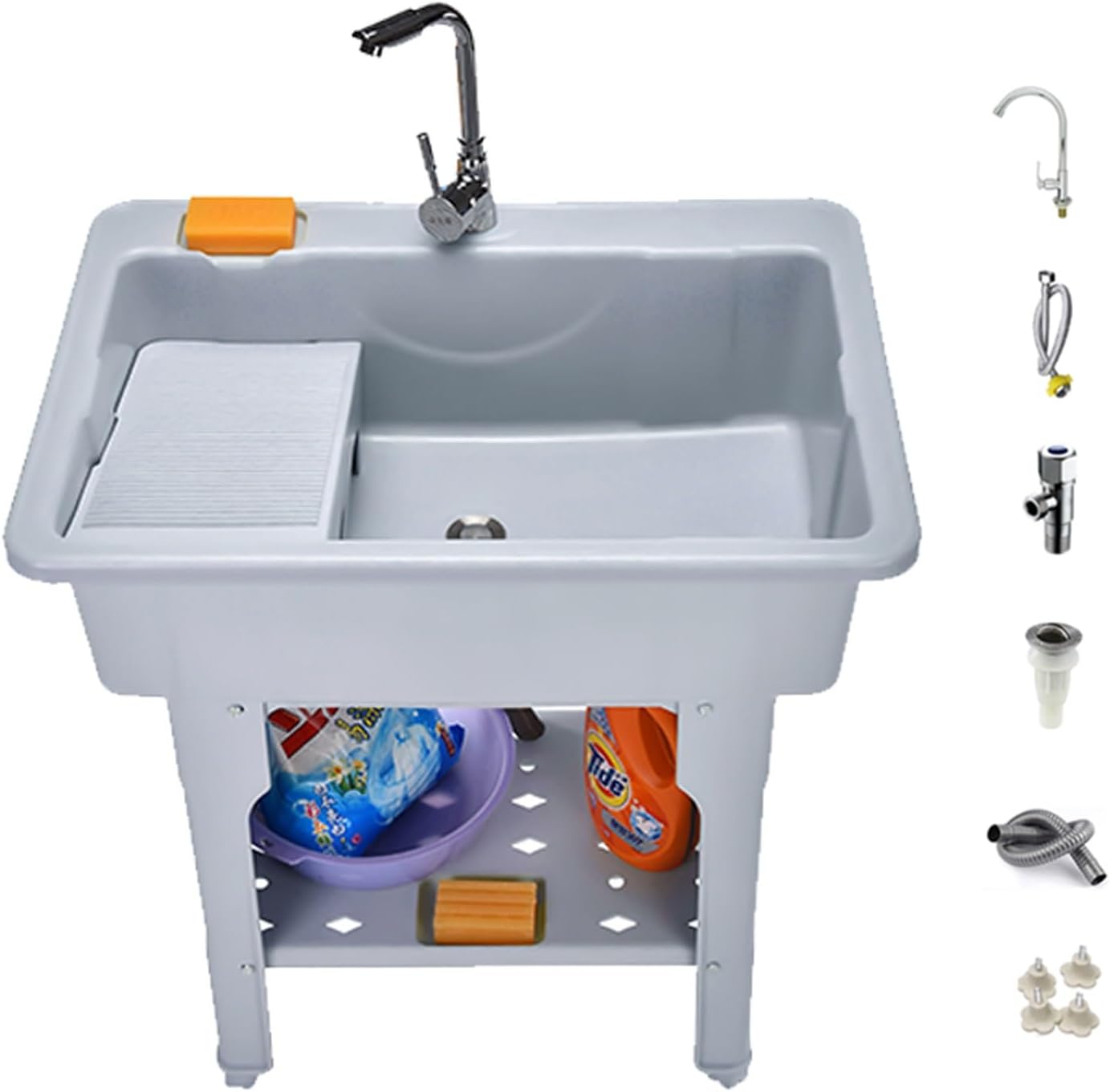Freestanding Plastic Utility Sink Plastic Laundry Sink Standing Laundry Sink with Faucet Hose and Drain Kit with Faucet and Storage Rack for Laundry Rooms Garage Basements(Gray,80x56x80cm)
