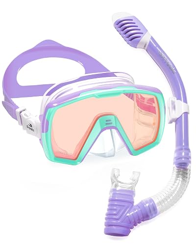 Freela Dry Snorkel Set for Adults Youth Kids, Scuba Diving Mask with Nose Cover, Anti-Fog 180° Wide View Mirrored Lens Snorkeling Gear for Men Women