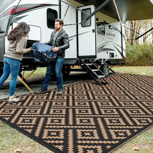 Image of GENIMO Outdoor Rug, Waterproof Plastic Rugs 8'x16' for Camping Black Brown