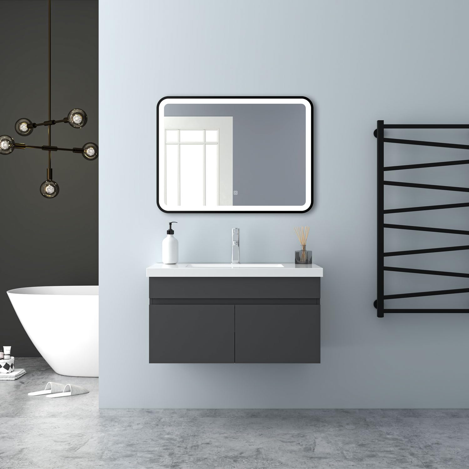 Badezimmer Badmöbel 80cm Mineralguss Waschtisch mit Unterschrank Hängeschrank Dunkelgrau Matt Badezimmerschränke Badschrank mit 2 Soft-Close Türen