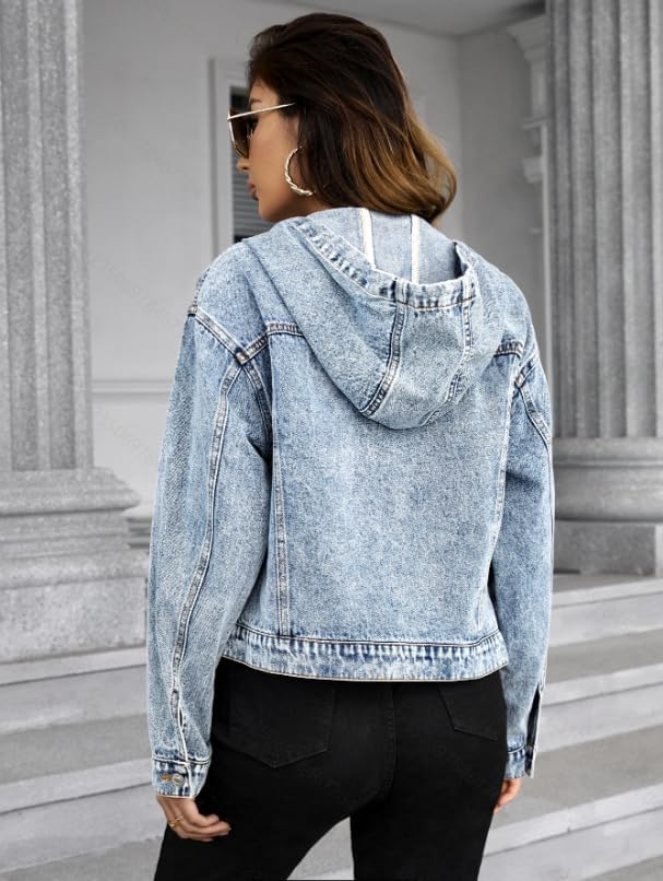 Women's Hooded Denim Jacket, Light Blue Acid Wash, Cropped Jean Jacket with Zipper Closure