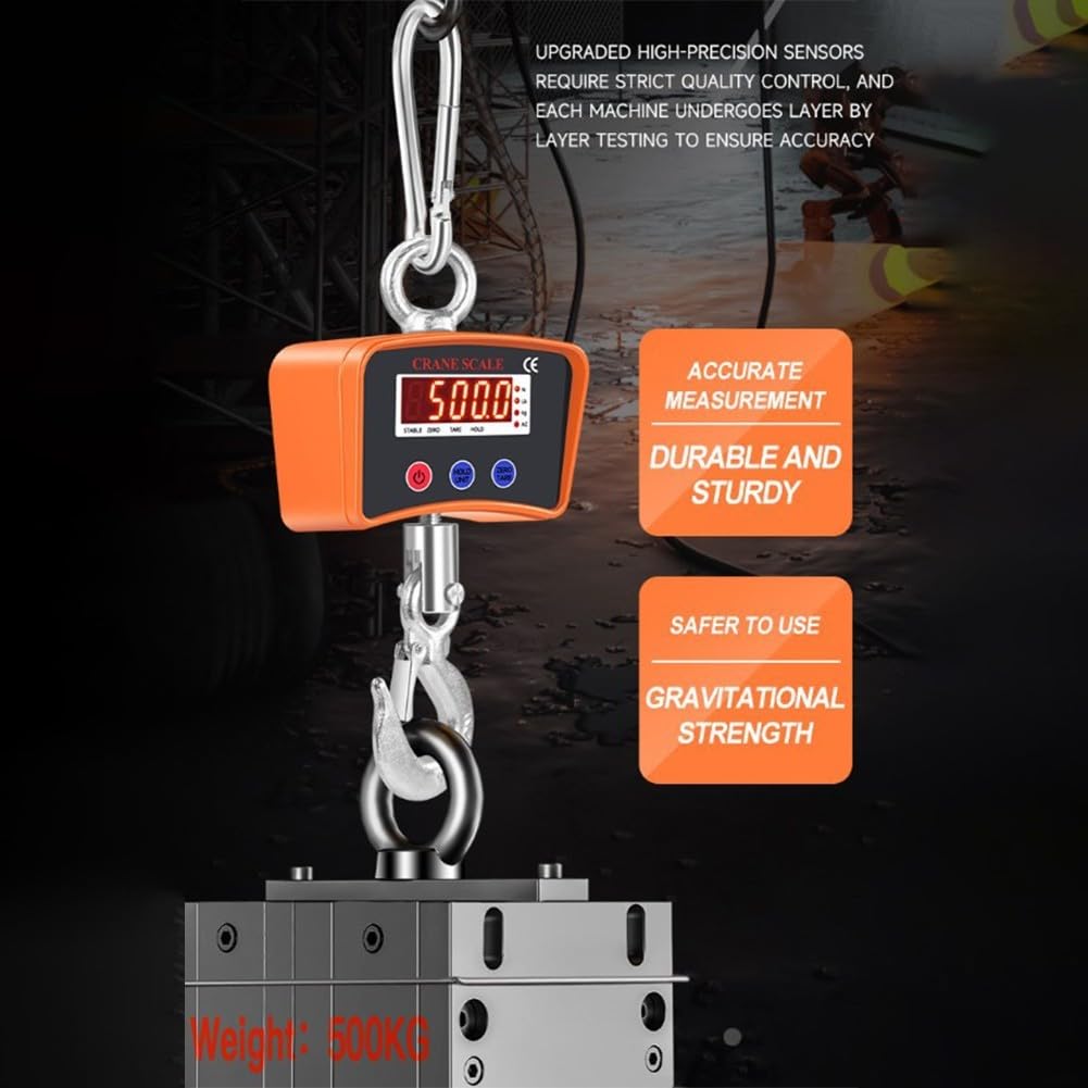 Elektronische Hängewaage 2200lbs/1000kg, Digitale Kranwaage mit LED-Anzeige, Wiederaufladbare Hängewaage, Schwerlast-Lager, Orange