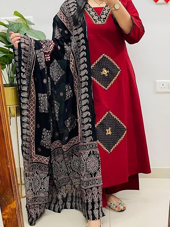 Image of BHARVITA Women's Rayon Handwork Embroidered and Printed Straight Kurta with Pant And Dupatta Sets