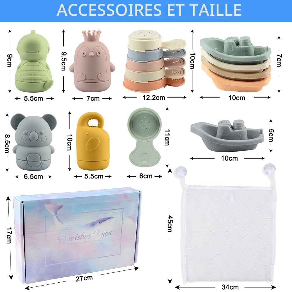 Jouet Bain Bébé, 16 Pièces Jouets de Bain Jouets à Presser Sensoriels avec Bateaux Empilables et Cuillère, Jeux de Bain Jouets de Douche de Bébé Amusants Jouets Flottants pour Bebe Enfant