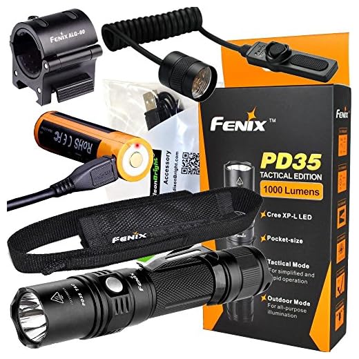 Fenix PD35 TAC 1000 Lumen CREE LED Tactical Flashlight with USB Rechargeable, Weapon Mount kit with EdisonBright USB Charging Cable Bundle