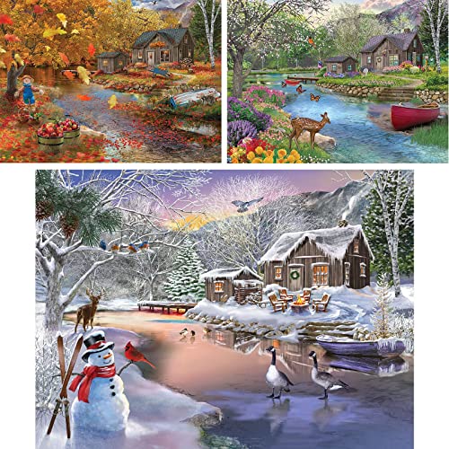 Image of Bits and Pieces - Value Set of Three (3) 1000 Piece Jigsaw Puzzles for Adults - Each Puzzle Measures 20 inch x 27 inch - 1000 pc Autumn, Spring, Winter Cabin Jigsaws by Artist Bigelow Illustrations