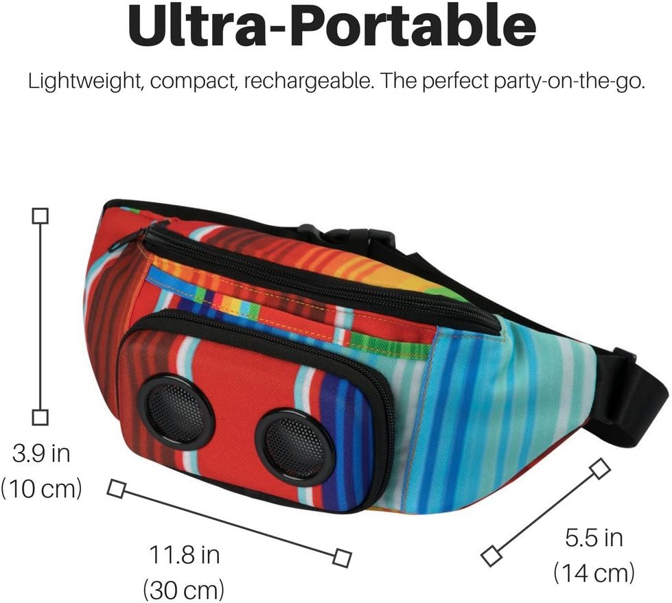 Fannypack with Speakers. Bluetooth Fanny Pack for Parties/Festivals/Raves/Beach/Boats. Rechargeable, Works with iPhone & Android. (Rainbow)