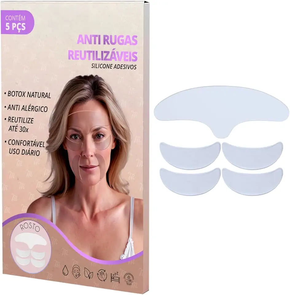 Adesivo de Silicone Facial Anti rugas, 5 Peças Reutilizáveis, Hipoalergênico, para Testa e Bigode