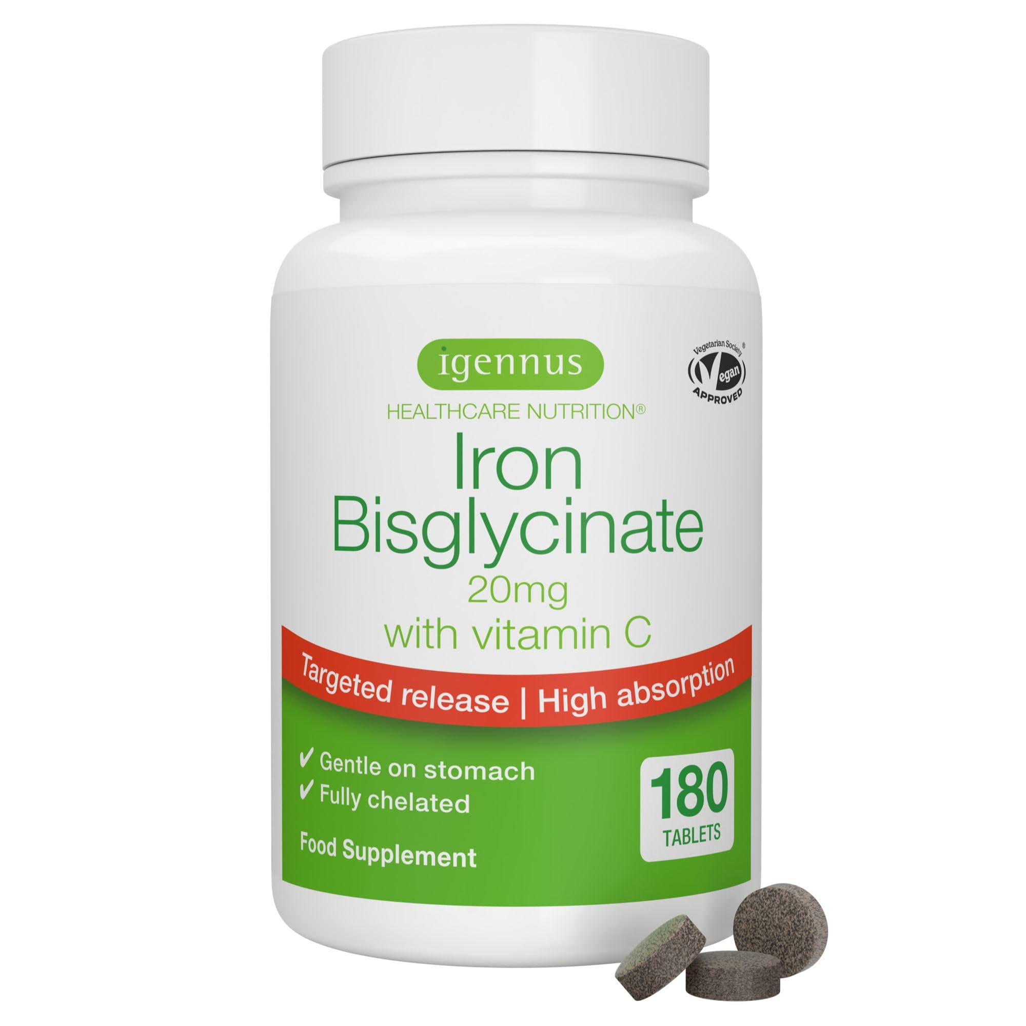 Igennus Ferro Bisglicinato 20mg con Vitamina C 100mg, Alto Assorbimento e Rilascio Mirato, Delicato sullo Stomaco, Integratore Ferro per Stanchezza, Ingredienti Puri, 180 Compresse Vegane, 1 al giorno