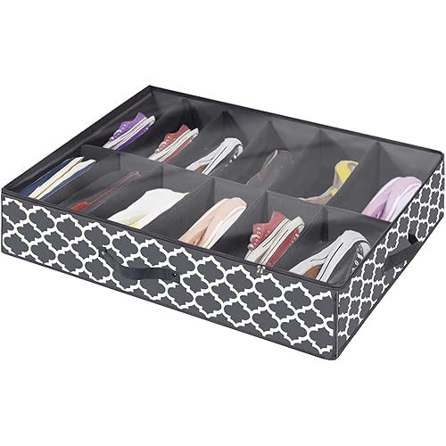 Shoe Organizer Under Bed, Shoes Storage Containers Box (Fit 12 Pairs) with Sturdy and Breathable Materials for Sneakers,Clothes, Toys, Great Space Saver for Your Closet, Gray with Lantern Pattern