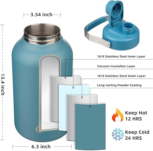 Miniatura 3 de BJPKPK Botella de agua de 1 galón aislada, apta para lavavajillas, jarra de agua grande de 128 onzas con mango de metal y tapa de boquilla sin BPA,