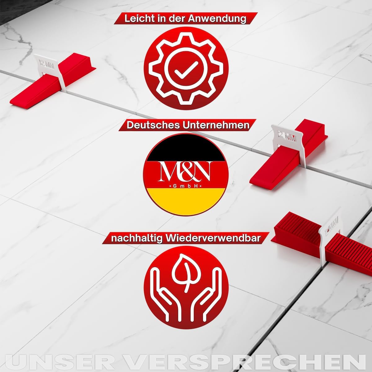 M&N Fliesen Nivelliersystem Set 1mm, 2mm Mega- Auswahl (200x 3mm Laschen, 100x Keile) - Fliesen-Verlegehilfe Werkzeug für Leien & Profi - Fliesenleger Fliesennivellierungssystem Zubehör