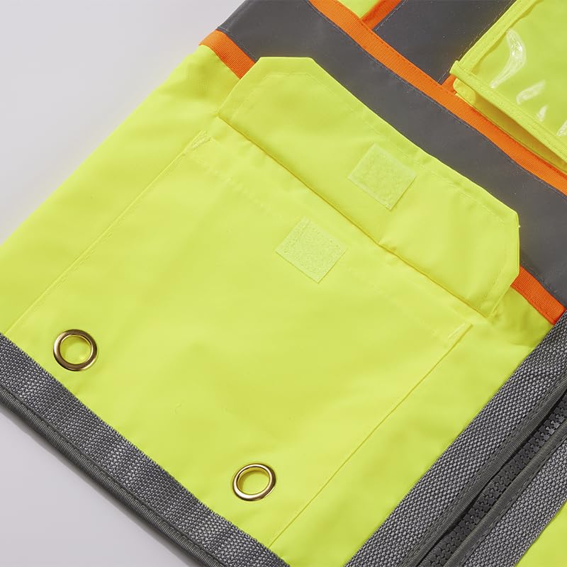 SV2700, Class 2, Hi-Vis Neon Green Yellow Lime Safety Vest Reflective Strips w/Orange Binding, 9 Pockets (IPAD)4