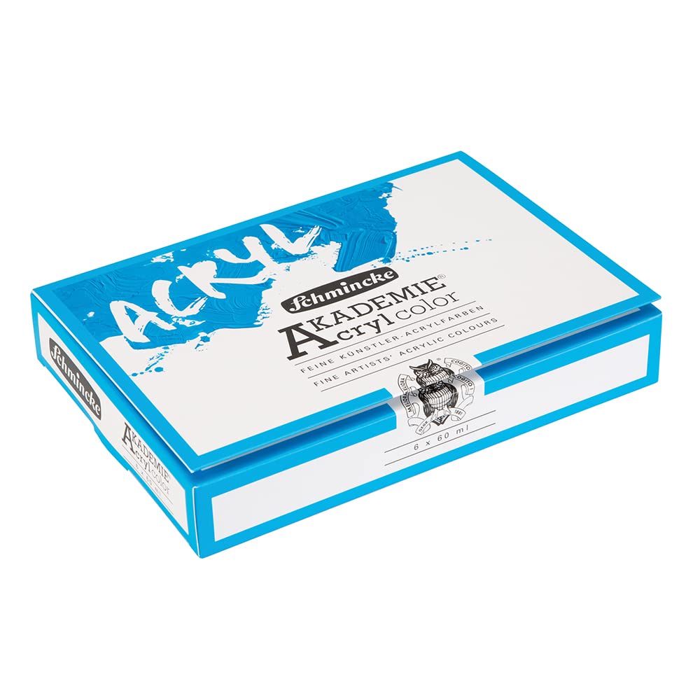 Schmincke - Acrílicos AKADEMIE®, 6 tubos de 60 ml, 76 759 097, estuche básico pequeño, tonos brillantes y muy resistentes a la luz, sin cadmio, acrílicos para artistas finos