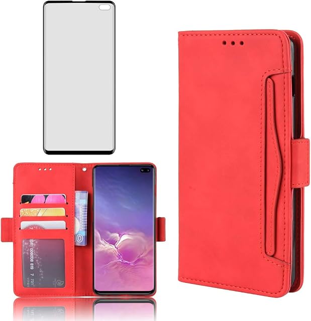 Phone Case for Samsung Galaxy S10 Plus With Tempered Glass Screen Protector Card Holder Slot Stand Kickstand Shockproof Protective Wallet Purse Leather Flip Cover S10+ S 10+ 10 plus 10plus Red