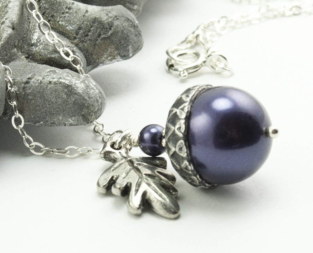 Acorn Necklace with Oak Leaf, Dark Purple Colored Simulated Pearls, Sterling Silver Chain 20 inches - Image 6