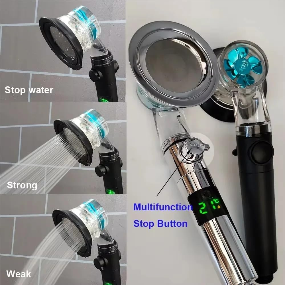 Cabezal de ducha turbo de alta presión con 3 modos de pulverización, visualización de temperatura, boquilla de alto flujo, sistema de ducha a presión para una experiencia de baño definitiva (negro)