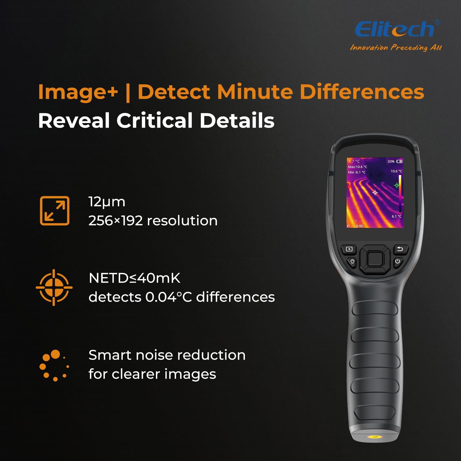 Elitech Telecamera termica 256 x 192 risoluzione IR, frequenza di aggiornamento 25 Hz, fotocamera 2 MP, display LCD da 3,5", IP54, impermeabile e antipolvere, USB-C, da -20 °C a 550 °C, per