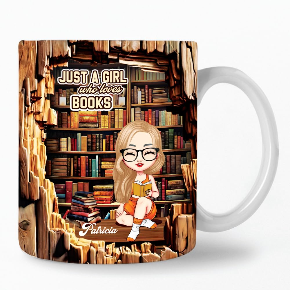 CHILLGEN Personalized Books Lover Mug, 11oz 15 oz Ceramic Coffee Cup, Just A Girl Who Loves Reading Books Design, Gift for Women Readers, Christmas (