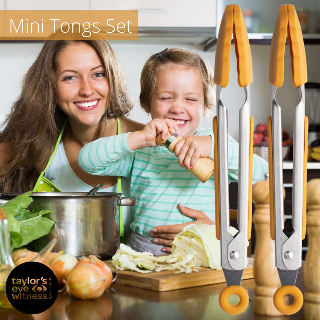 Taylors Eye Witness 2 Small Steel Yellow Silicone Tongs, Dishwasher Safe. Sturdy Build, Non-Scratch Heads - Image 2