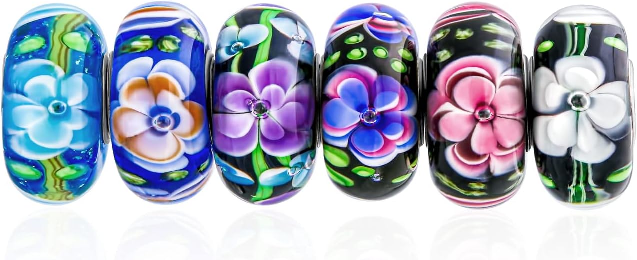 Romantic Mixed Set Of 6 Bundle .925 Sterling Silver Core Translucent Shades Of Black Purple Blue Pink Rose Vintage Style Floral Flower Murano Glass Charm Bead Spacer Fits European Bracelet For Women