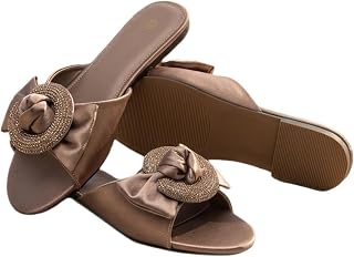 NICO×ASH Women's Satin Flat Slide Sandals Rhinestone Slip On Dressy Slippers (Champagne Brown,5)
