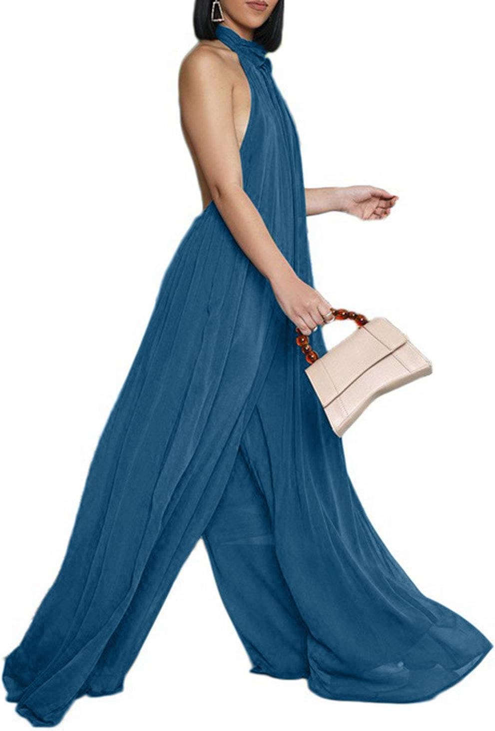 CHARTOU Women's Elegant Loose Fit Chiffon Halter Neck Backless Wide Leg Jumpsuit - Image 3