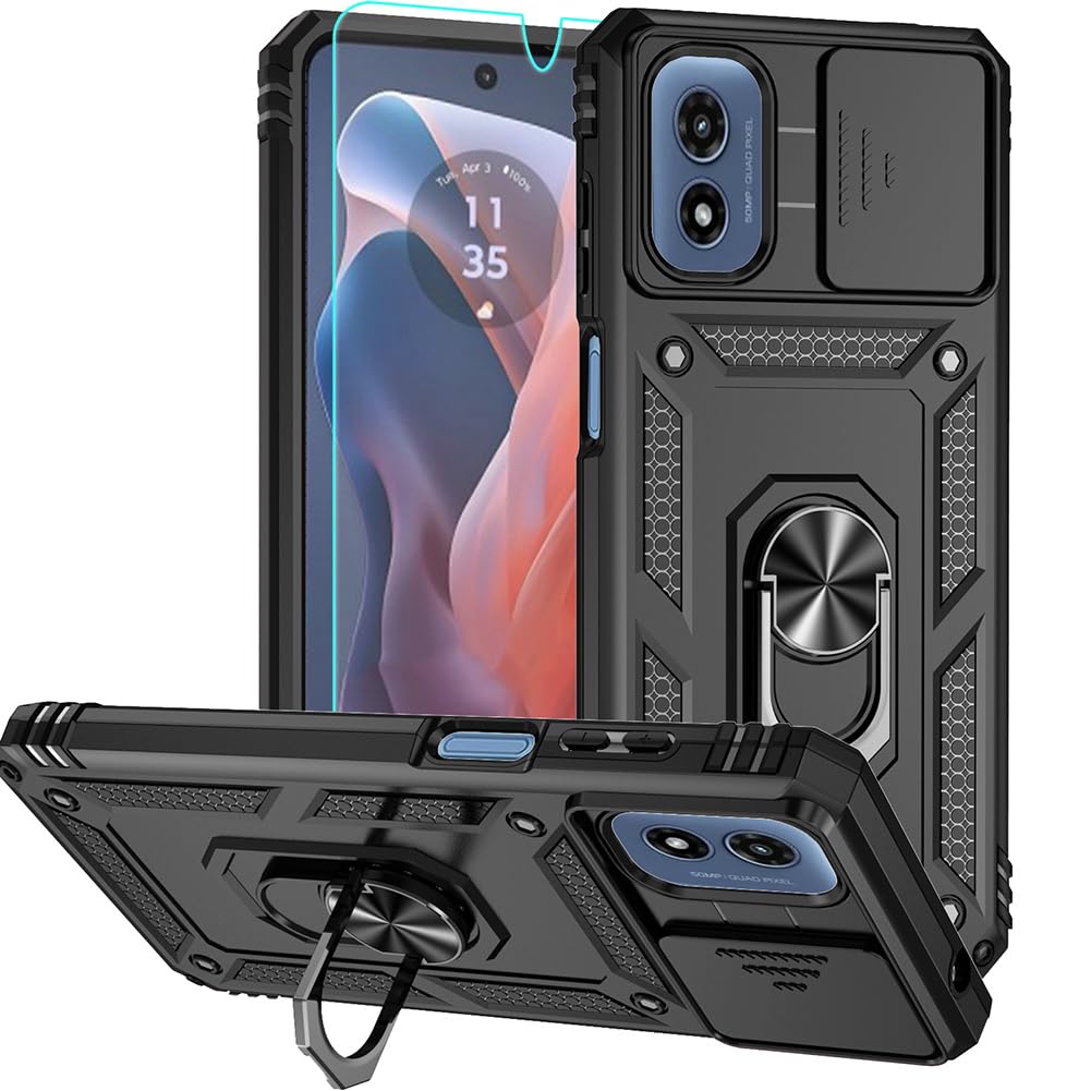 for Moto G Play 2024 Case, Soft Silicone Rubber Bumper Hard Plastic Phone Case with [Sliding Camera Lens Cover] [360° Rotatable Kickstand Ring] [HD Screen Protector] for Motorola G Play 2024 4G Black