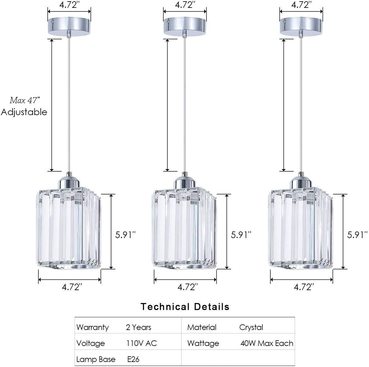 Best Promo SHENGQINGTOP Modern Crystal Mini Pendant Light, Polished Chrome Cuboid Pendant Lighting Fixture for Kitchen Island, Bedroom, Living Room, Dining Room, Set of 3