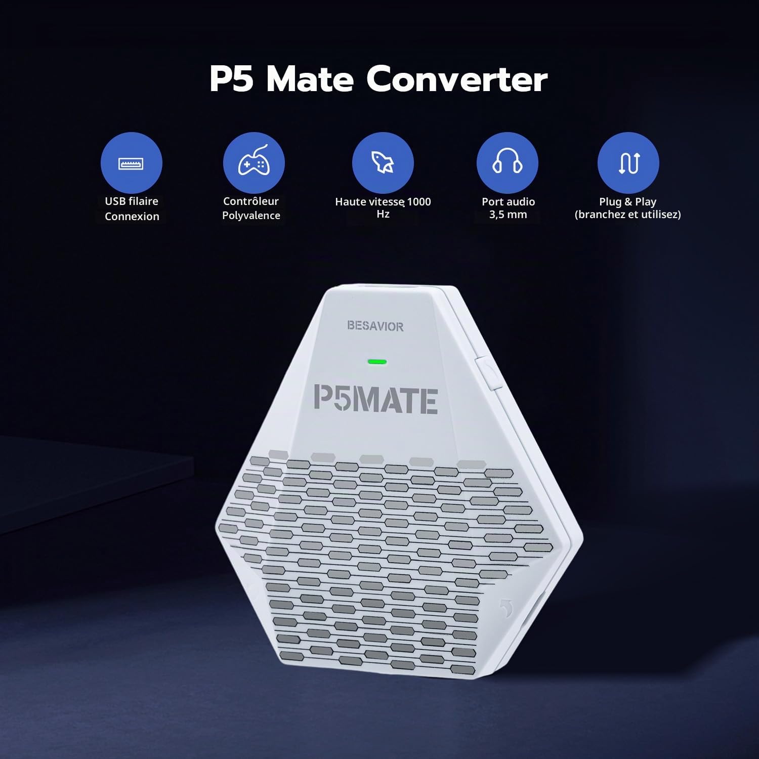 Besavior P5 Mate Adaptateur USB pour PS5/PS5 Slim, Convertisseur de Jeu PS5 Accessoire prend en charge les jeux multijoueurs, faible latence, compatible avec plusieurs manettes/périphériques/casques/m