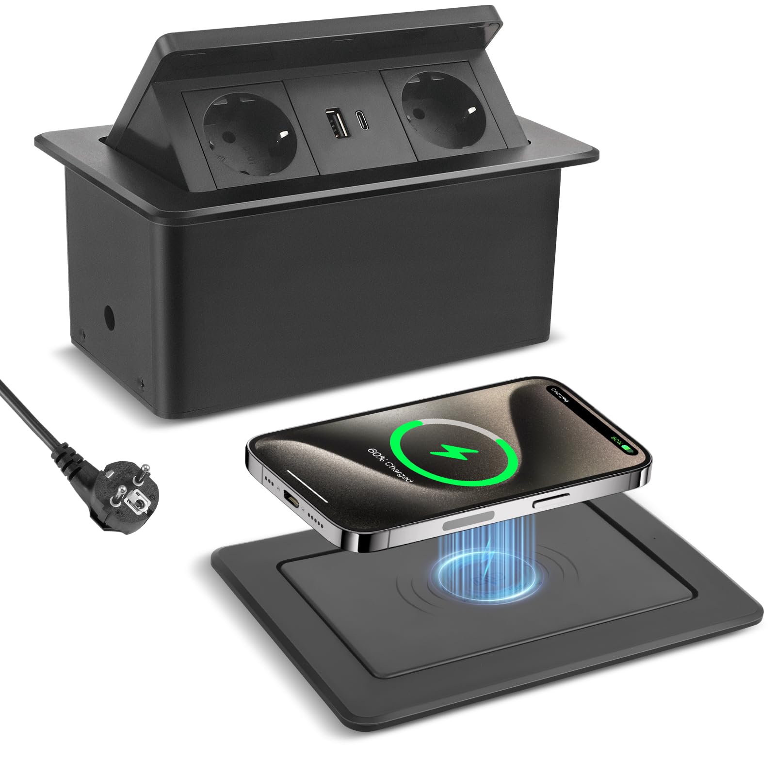 Enchufe retráctil USB C PD20 W con carga inalámbrica de 15 W, 3