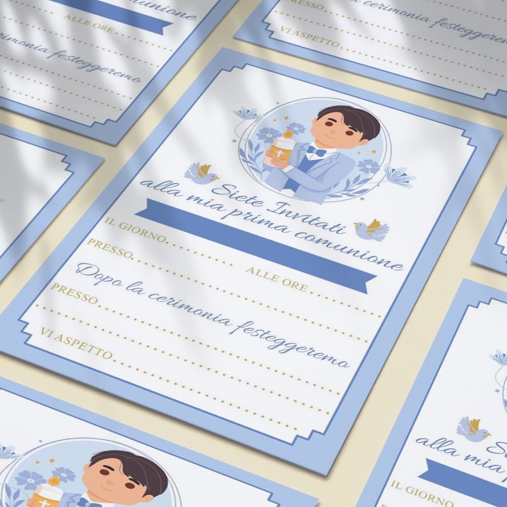 PRINTSERVIS 20 First Communion Party Invitation Cards, Choice Graphics, Customizable with Name, Date and Place (Bimbo Cappelli Mori) - Image 3