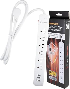 Precision Power Surge Protector Extension Heavy Duty 6-Feet Cord with 6 Outlets, 3 USB Ports, Multi-Outlet Use w/LED Lights Indicator, Ideal for Home, Office & Everywhere