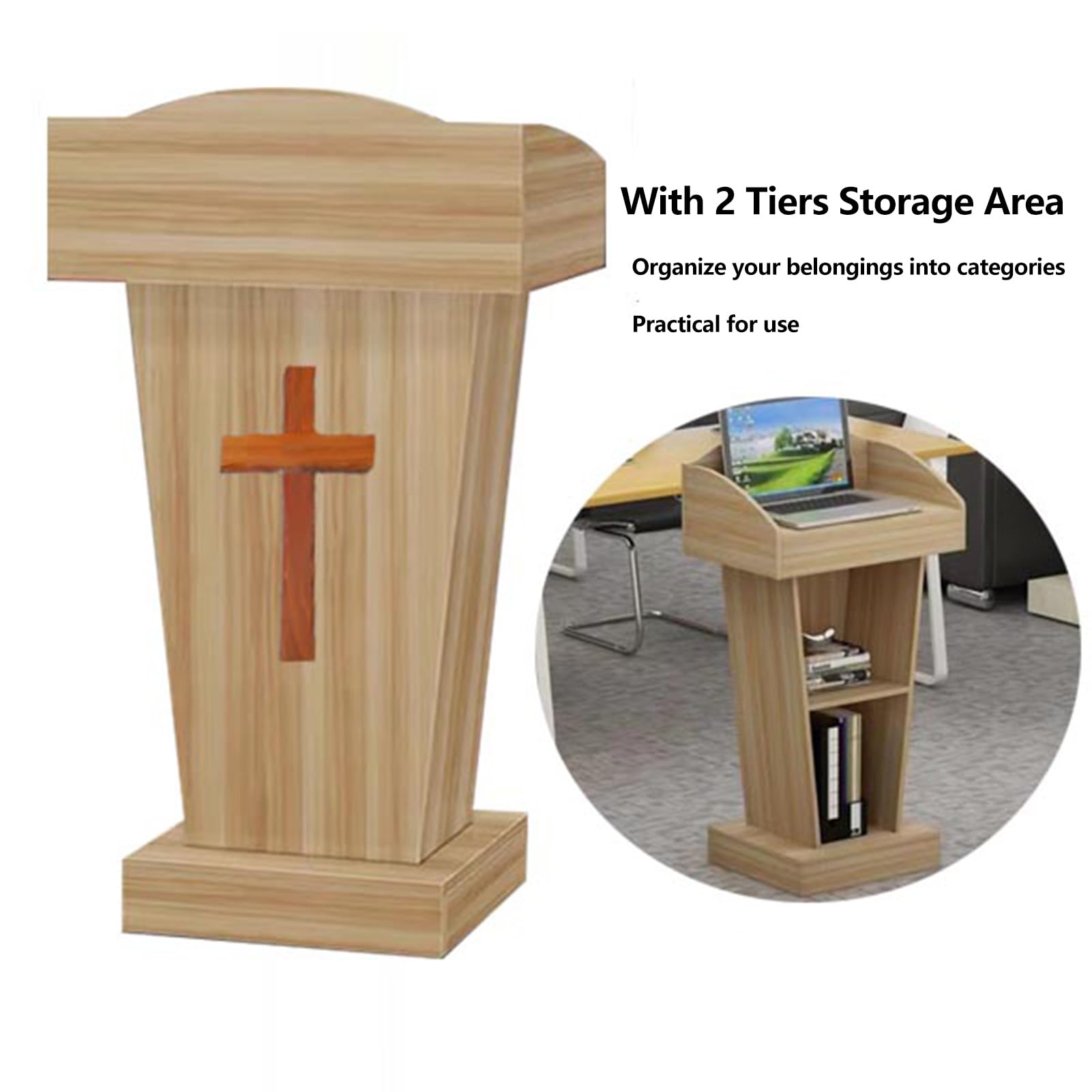 Lutrin Et Podium Portable En Bois Blanc - Étagère Réglable, Roues Verrouillables Pour Église, Conférence Et École