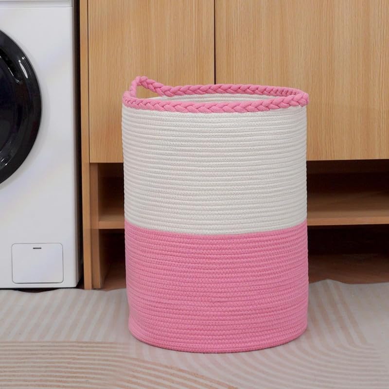 Image of Storage Rope Laundry Hamper Basket for Clothes, Towels and Blankets in Livingroom, Bedroom, Laundry Room and Basket for Nursery Storage (Size - 14 inch x 14 inch x 18 inch) (Pink White Zig Zag)