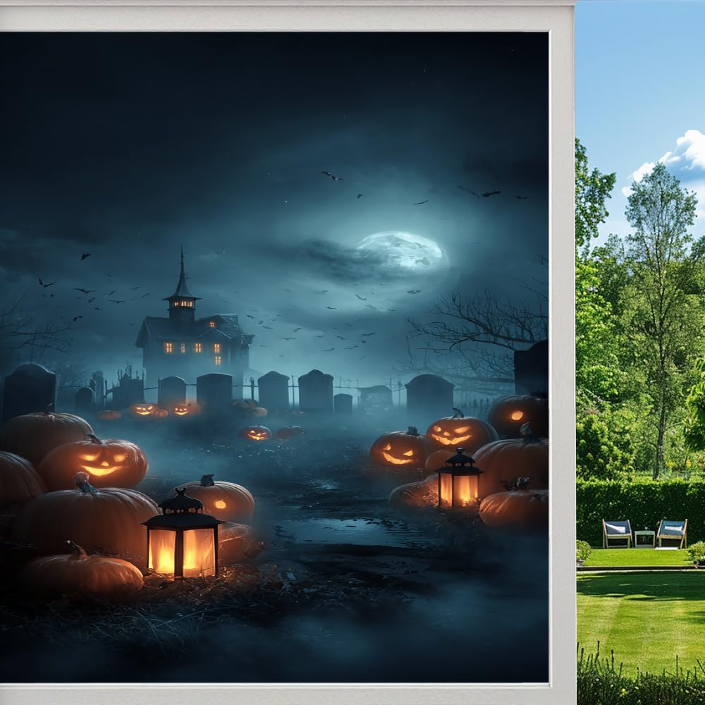 Pmlbaous Horror Halloween Privacy Window Film, Gothic Forest Castle Frosted Self-Adhesive Vinyl Cling For Glass Doors Bathroom Windows Sun Blocking Heat Control, （55X100cm）