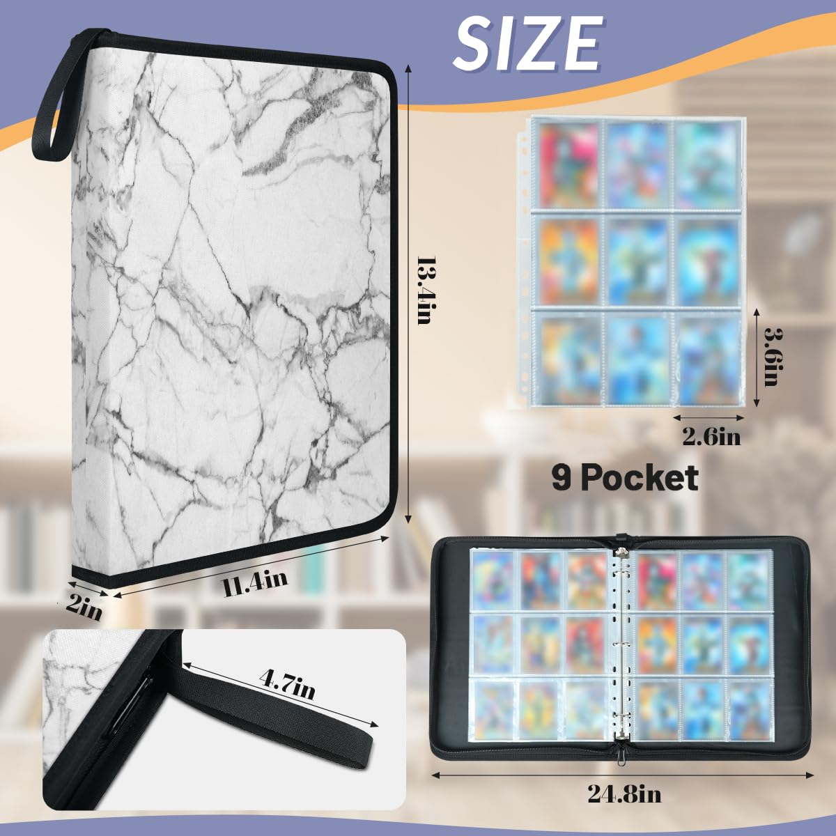 Carpeta para tarjetas de intercambio de 9 bolsillos, con diseño de mármol, álbum de tarjetas de mármol gris con fundas extraíbles, libro de tarjetas impermeable con cremallera, capacidad para 50