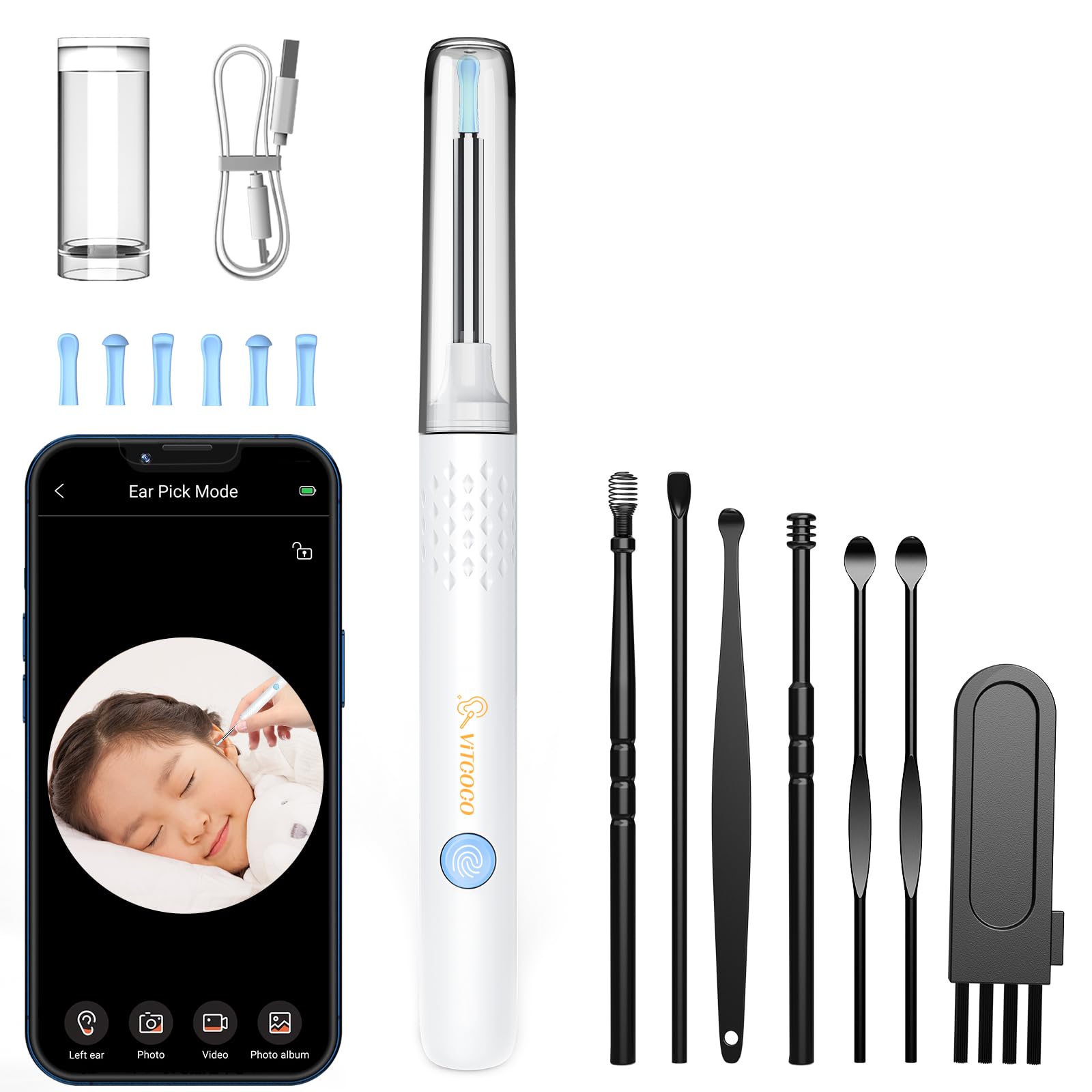 VITCOCO 1920P Earpick Camera, 3.5 mm with Camera, Ultra Thin Lens, Earscope, Dustproof Cover, IP67 Waterproof Light, Temperature Control, 6 LED Lights, Wireless WiFi, Smoothing Ear Cleaning