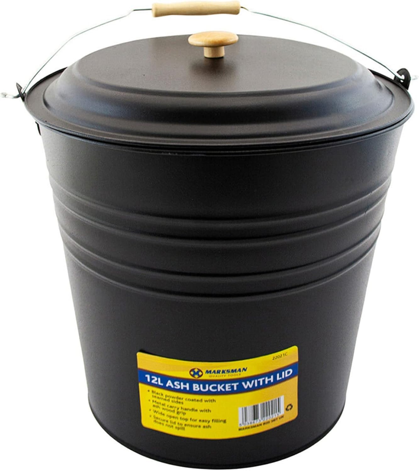 12L Black Metal Ash Bucket - Wooden Handle Fireplace Container Coal Storage, Wooden Handle & Lid | Log Holder | Living Room, Fireplace, Fire Pit Wood Burning Stove Bin, Includes Lid