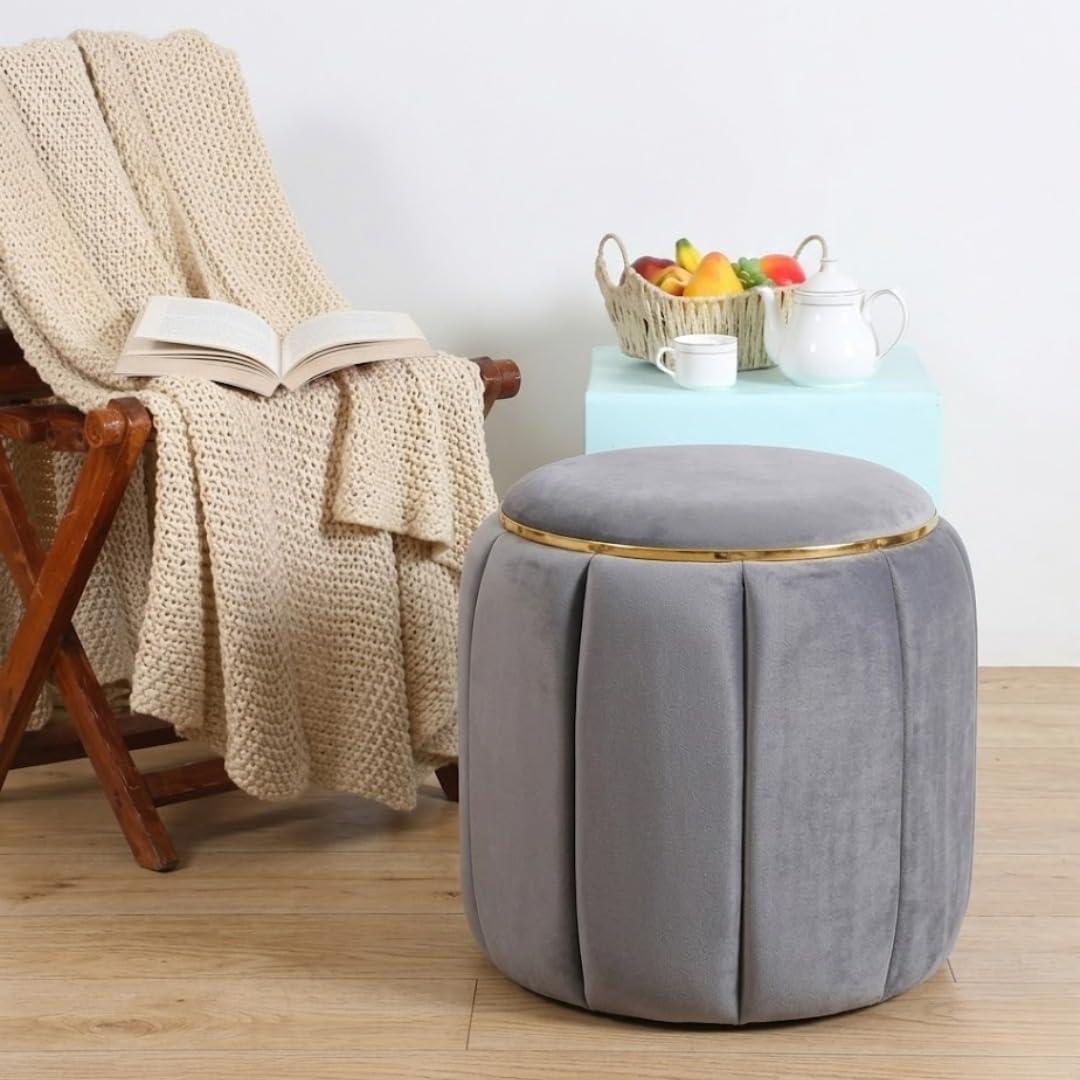 Round Velvet Pouffe Ottoman Stool | Chair Vanity Stool for Office, Bedroom, or Living Room | Upholstered Cushioned Footrest Seat | Modern Foot Stool Grey-image-47