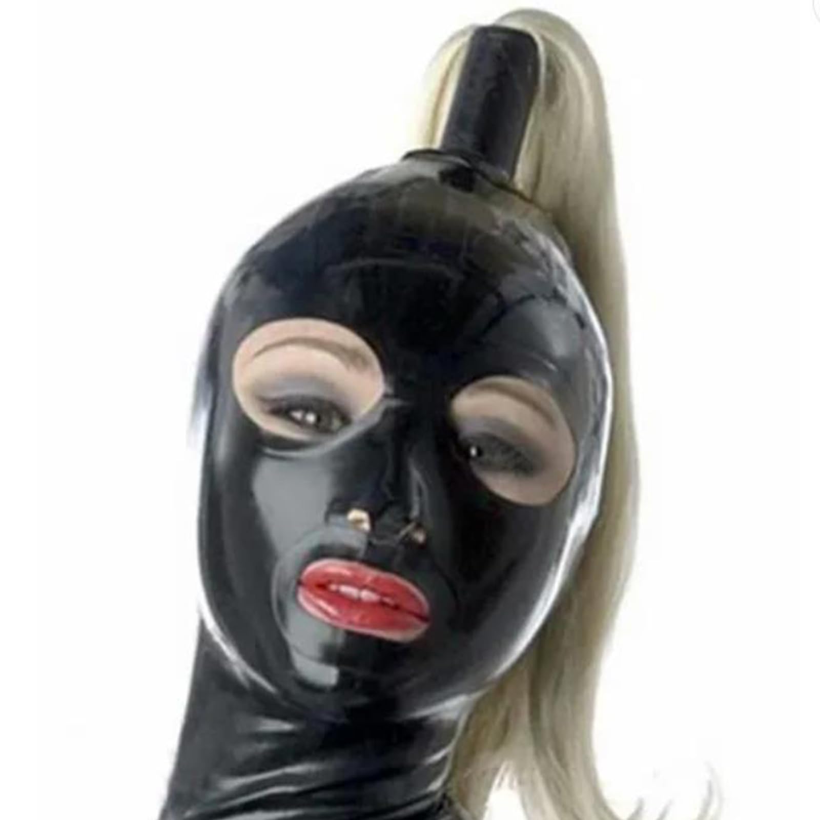 PRLBESL Latex Hood with Ponytail Fetish Full Face Mask Zipper Open Eyes Mouth Novelty Rubber Masquerade Club Unisex(Size:XL-70CM)