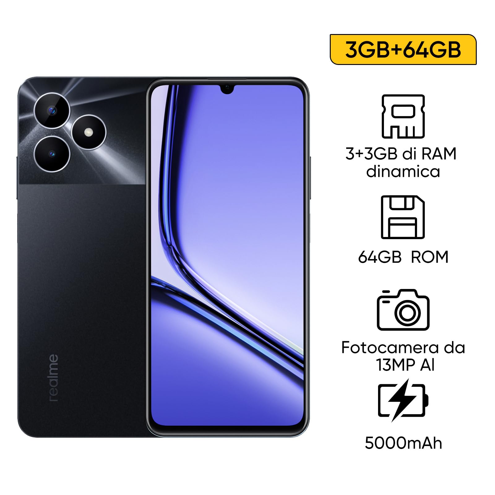 realme Note 50 Smartphone Android, 4G Cellulare Dual SIM, Display LCD da 6.74", 3GB RAM 64GB ROM, Fotocamera AI da 13MP, Batteria da 5000 mAh, Ricarica Veloce SUPERVOOC, Corpo sottile 7,99mm, Nero