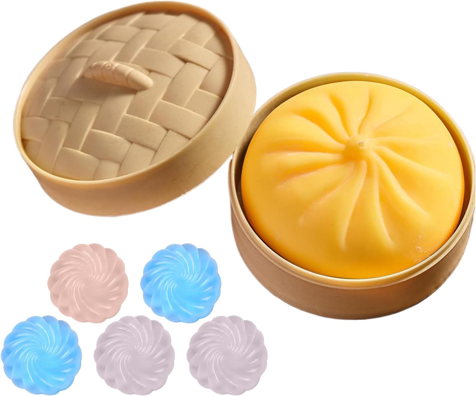 Giant Glitter Dumpling Squishy Kit, Cute Dumplings Squishy Set with 1 Large, 5 Mini Dumplings & Steamer, Soft Squeeze Relieve Stress Dough for Reliefing Stress