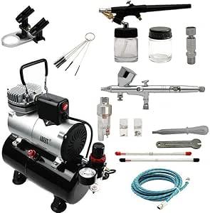 ABEST Complete Professional Airbrush Compressor kit Multi-Purpose Airbrushing System with 2 Airbrushes: 0.2MM .3MM .5MM Dual action Gravity Feed, Single-action 0.8mm siphon feed, and Cool Runner Professional Airbrush Compressor with tank