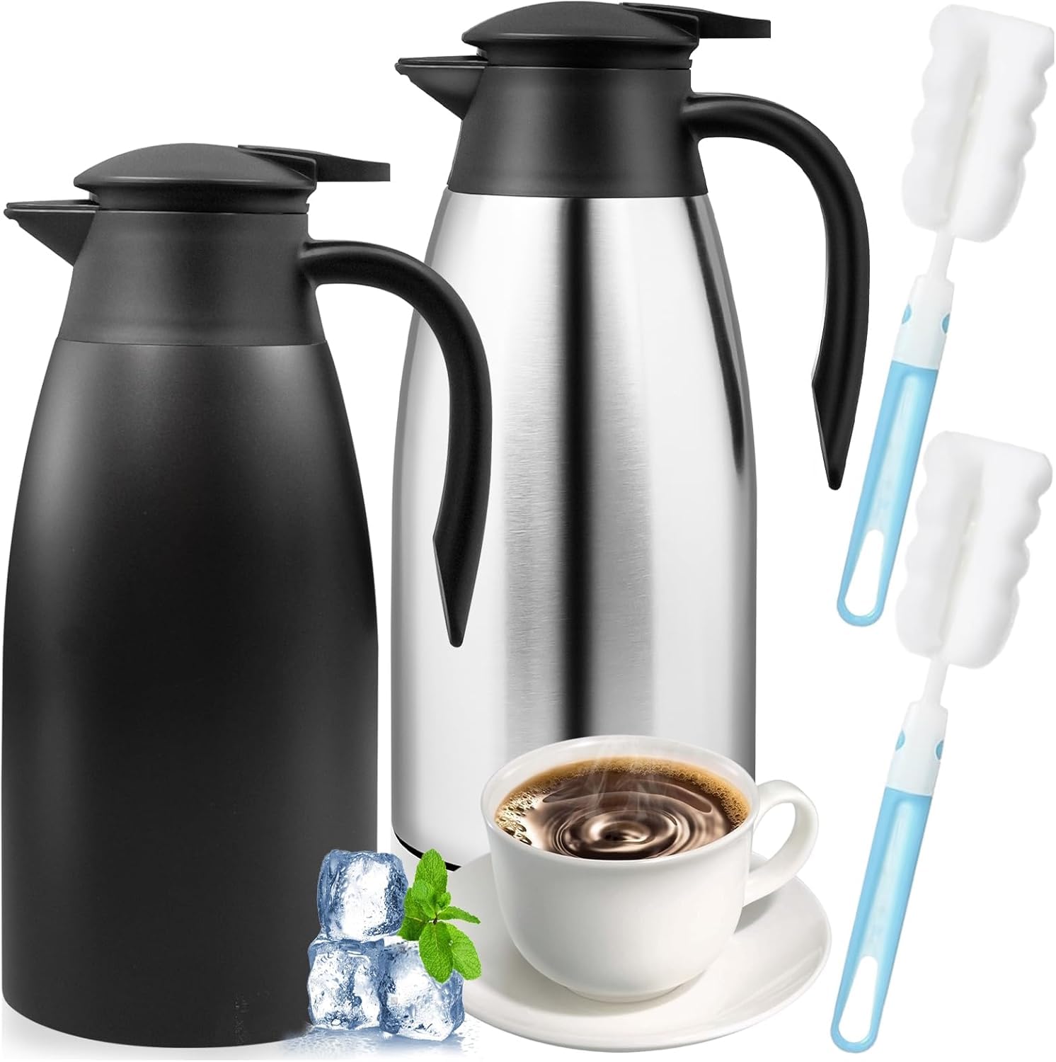 2 jarras térmicas de 2 litros, jarra térmica de acero inoxidable 304 aislada, 24 horas de aislamiento térmico, para café, té, agua, bebidas, termo (plata, negro)