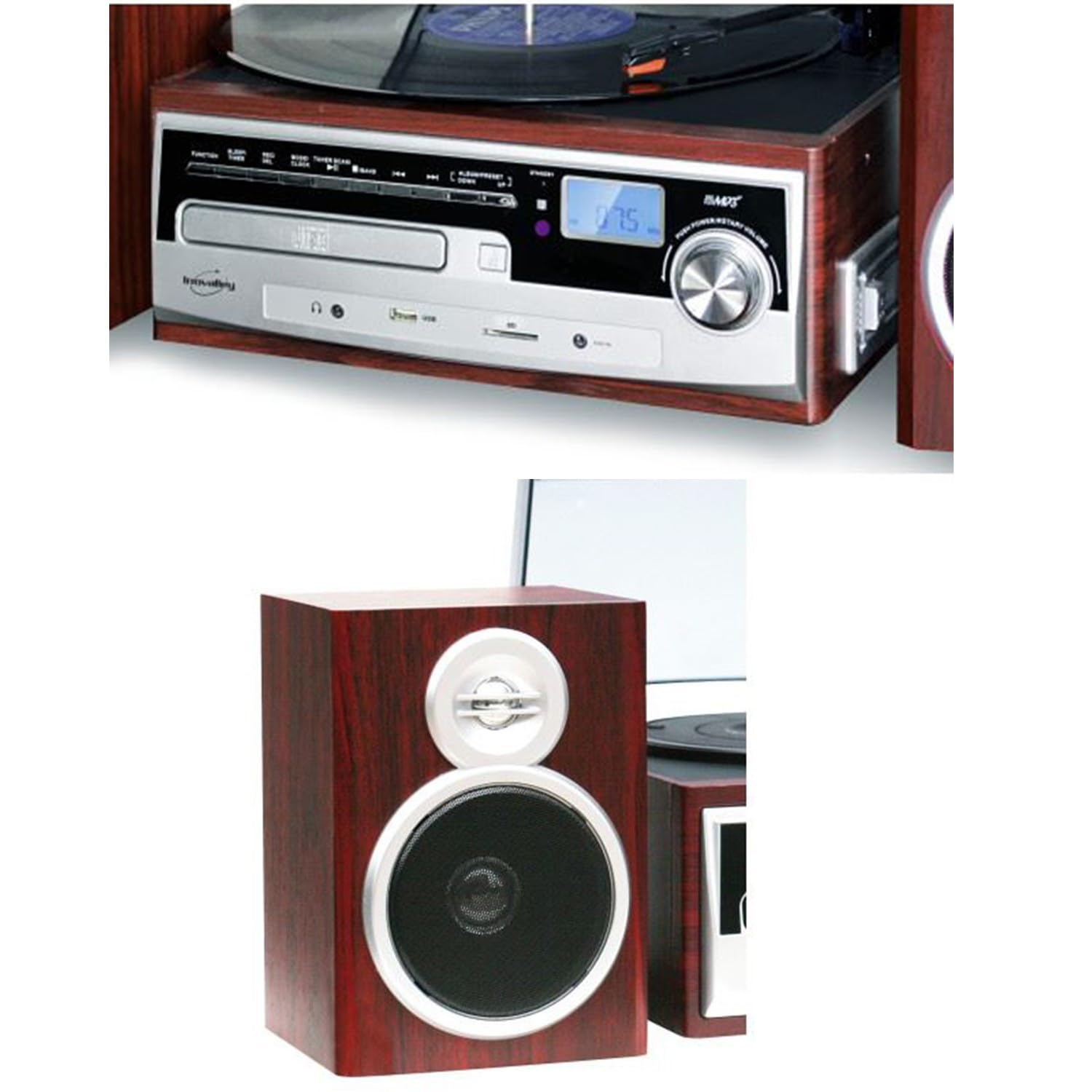 gef-roy Chaîne HiFi Inovalley CH14E Tourne Disque Vinyle 80W, CD, Bluetooth, FM et USB, télécommande, Jeu de lumière OVNI LED